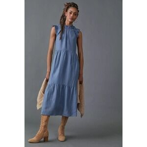 Othilia Dress Womens 3X Blue Tiered Sleeveless Linen Blend Maxi Dress Ruffle